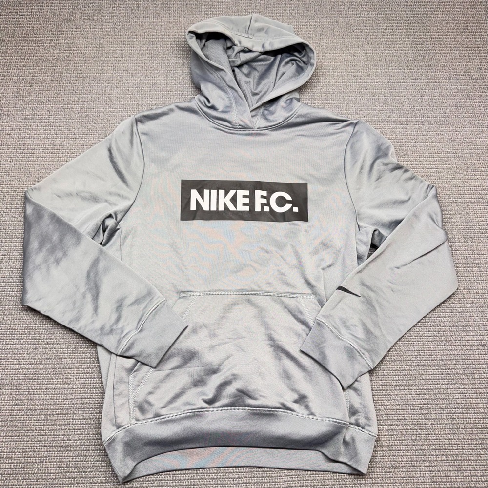 Nike FC Dri-FIT Hoodie Grey Black Box Logo Soccer Sweatshirt Mens Medium 9502